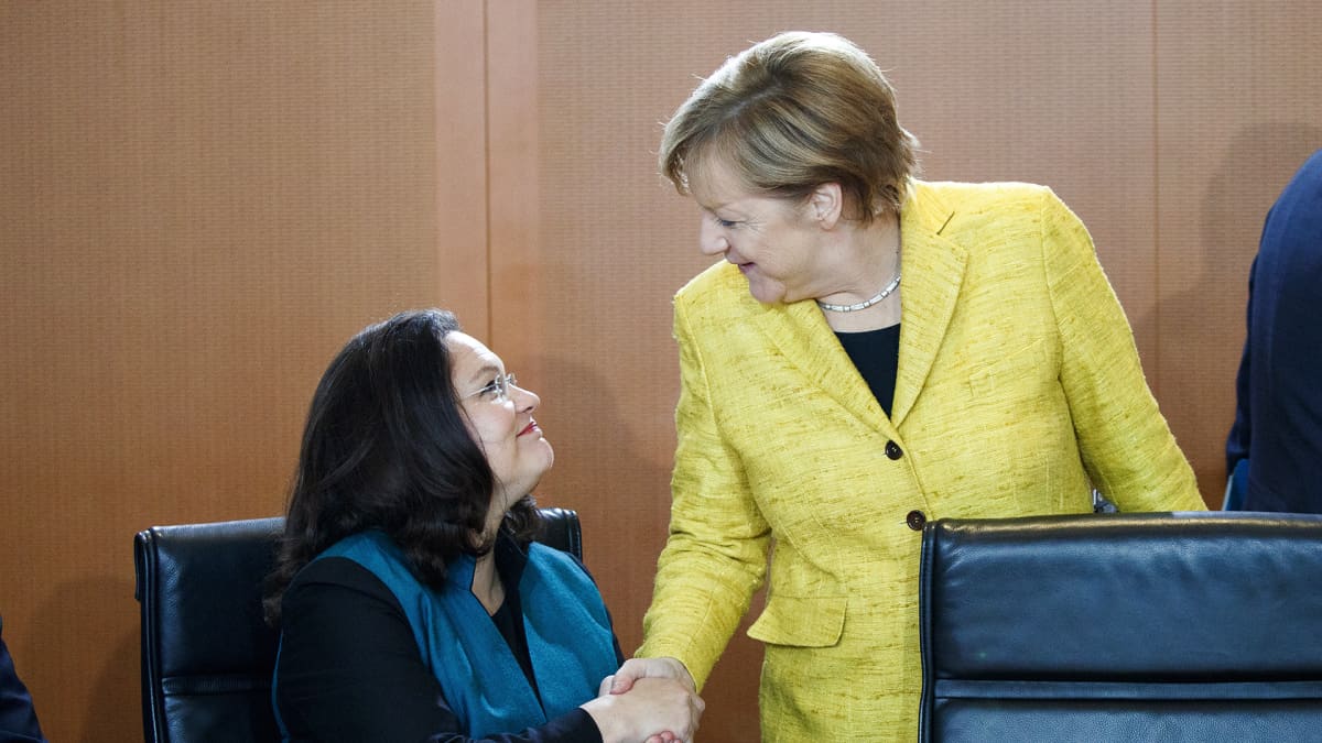 Andrea Nahles ja Angela Merkel Berliinissä syyskuussa 2017.