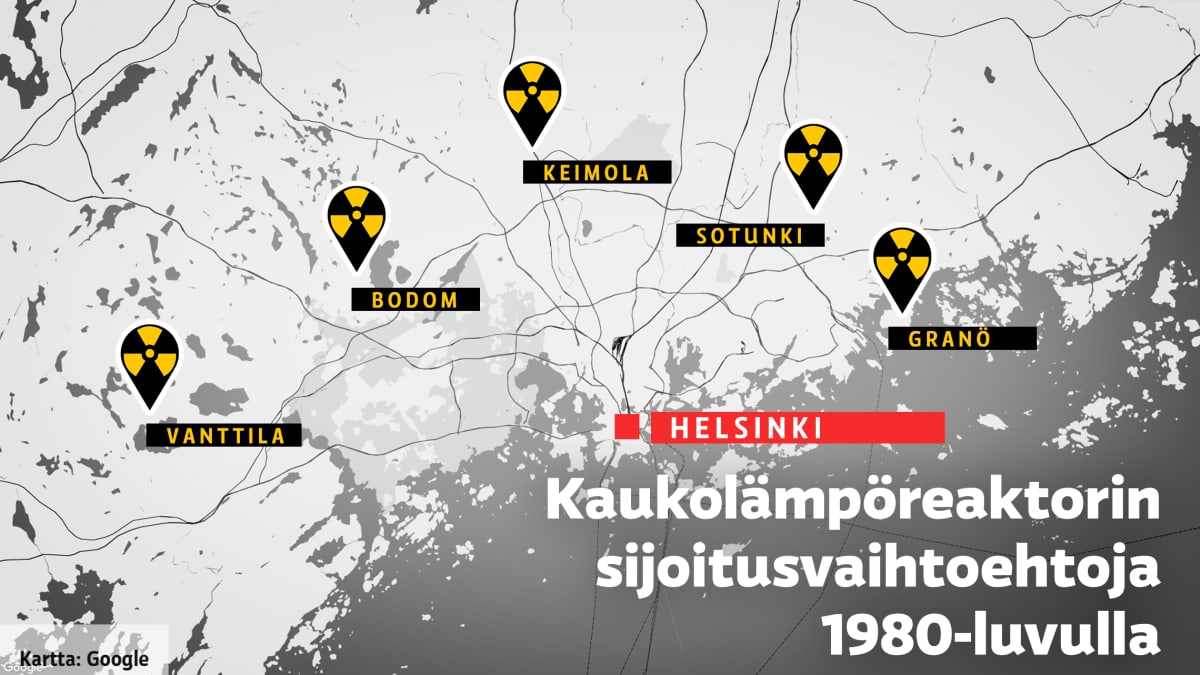 Kaukolämpöreaktorin sijoitusvaihtoehtoja 1980-luvulla pääkaupunkiseudulla: Vanttila, Bodom, Keimola, Sotunki ja Granö.