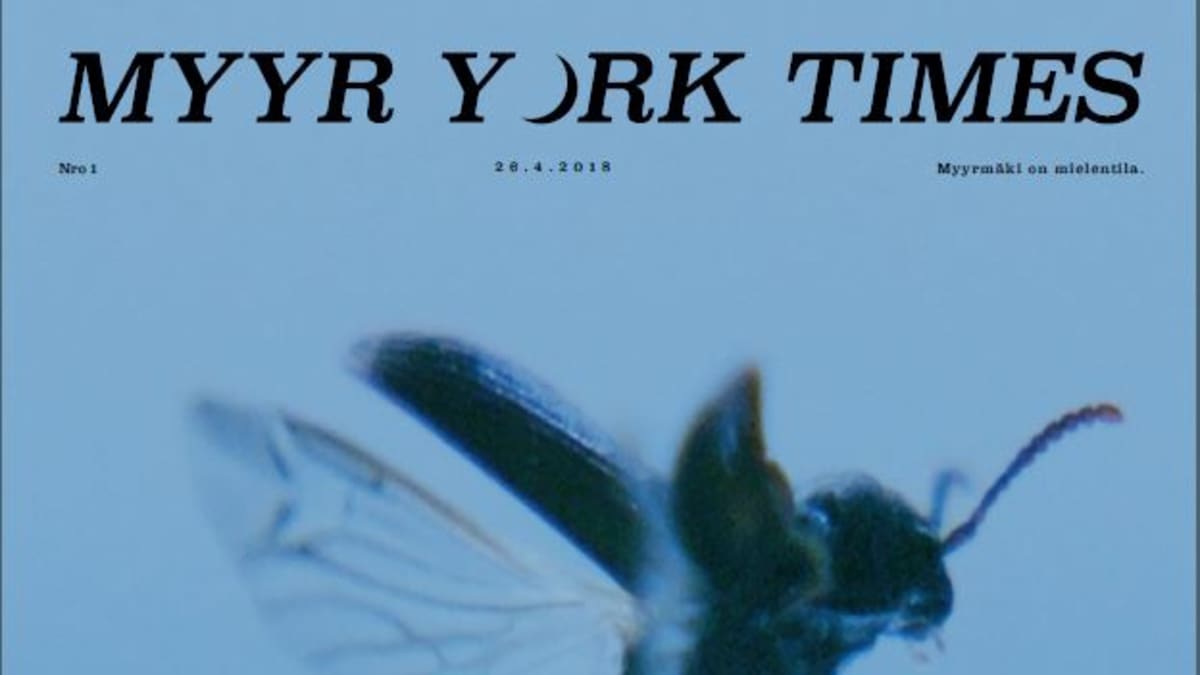 Myyr York Times lehden ensimmäisen numeron etusivu. Kannessa on iso kuva jostain lentävästä hyönteisestä ja siinä lukee: Oh My! Myyrmäen Mätäojassa asuu elokuvatähti, josta harva on koskaan kuullutkaan.