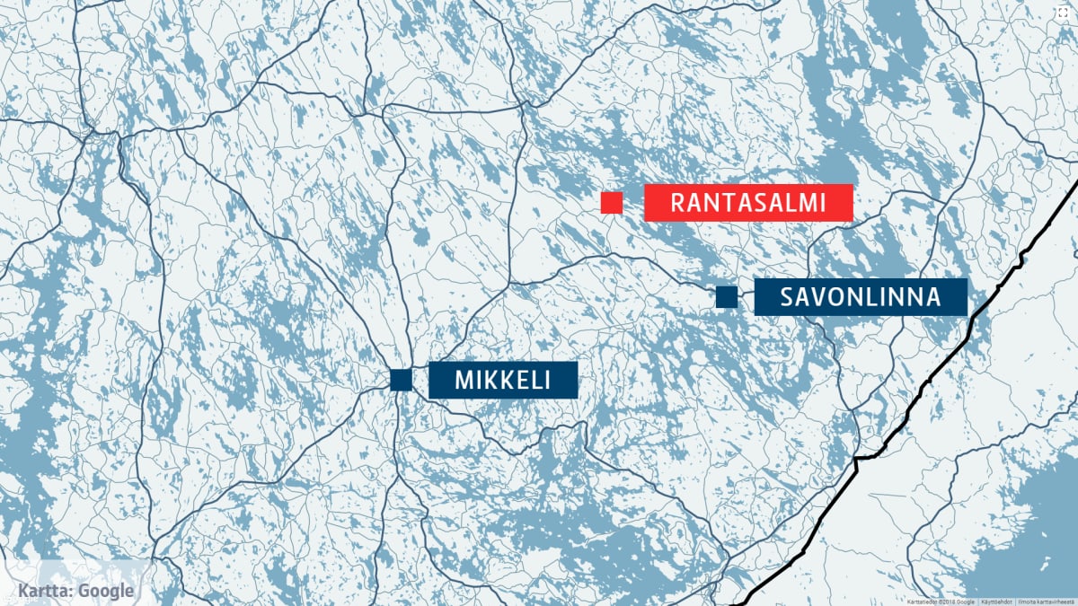 Kartta, jossa näkyvät Rantasalmi, Mikkeli ja Savonlinna.
