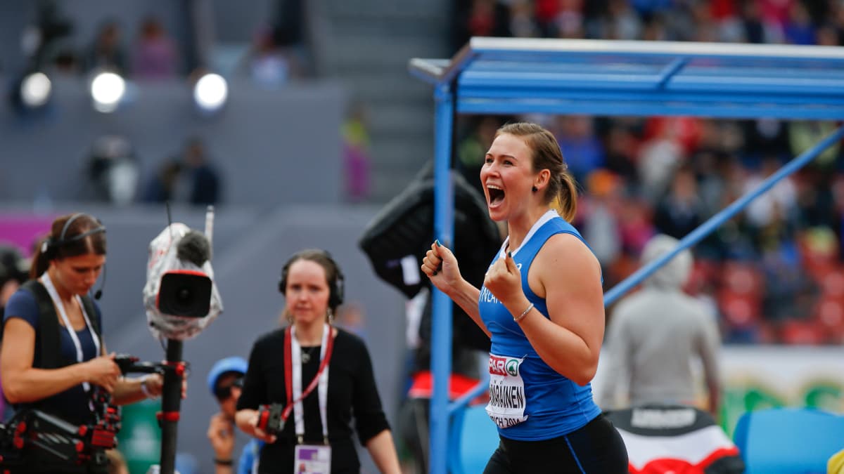 Sanna Kämäräinen yli 60 metriä ensimmäisen kerran Zürichin EM-kisoissa 2014.