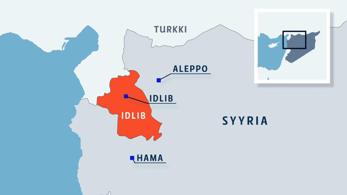Kartta, jossa Syyrian maakunta Idlib, kaupungit Idlib, Hama ja Aleppo