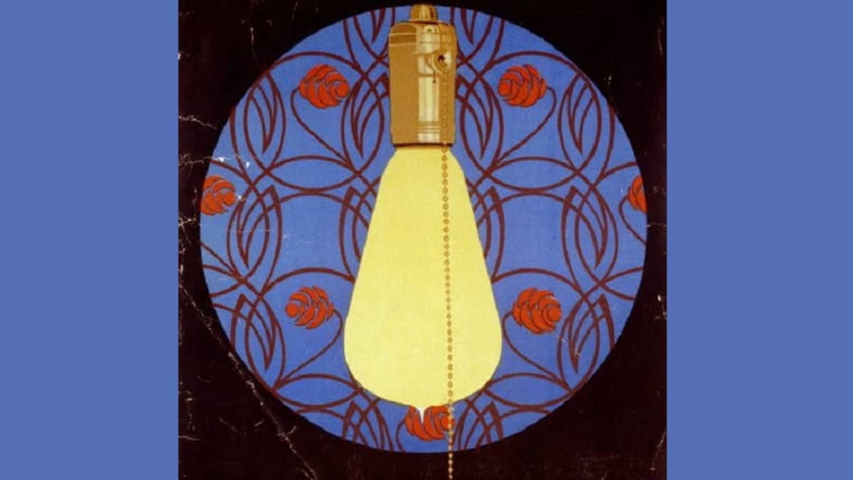 Piirretty juliste, jossa on lamppu ja sen taustalla art deco -ruusukuvio. Tekstinä englanniksi "Valo kuluttaa hiiltä. Säästä valoa, säästä hiiltä."