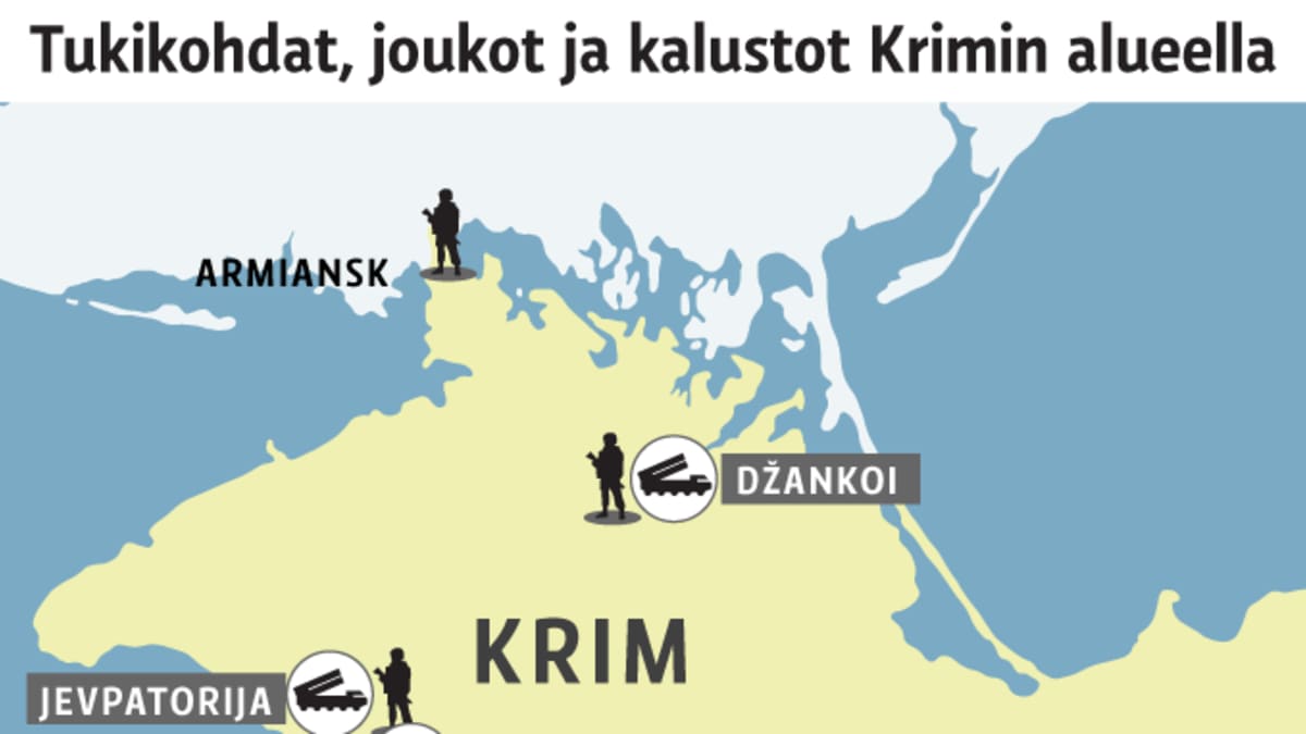 Karttagrafiikka Krimin niemimaalle sijoitetuista armeijan tukokohdista, joukoista ja kalustosta.
