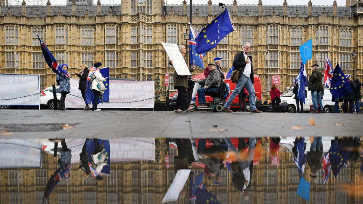 Brexit-erosopimuksen vastustajat osoittavat mieltään parlamenttitalon edustalla Lontoossa.