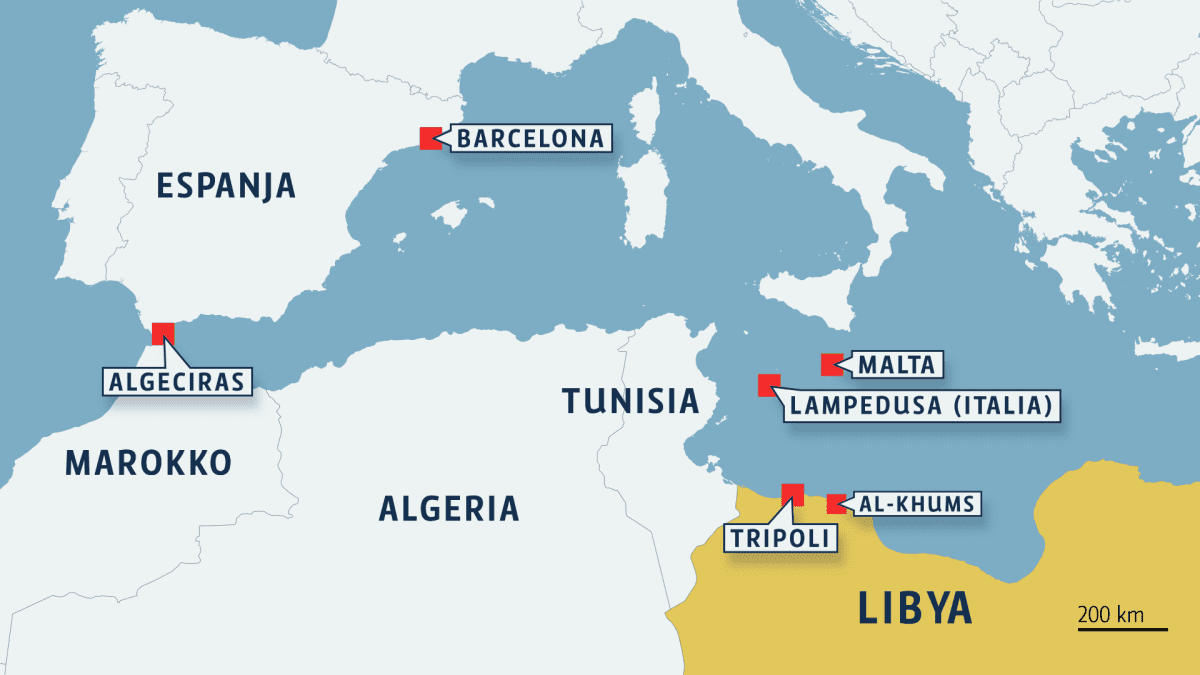 Kartta Libyasta ja Välimeren alueesta.