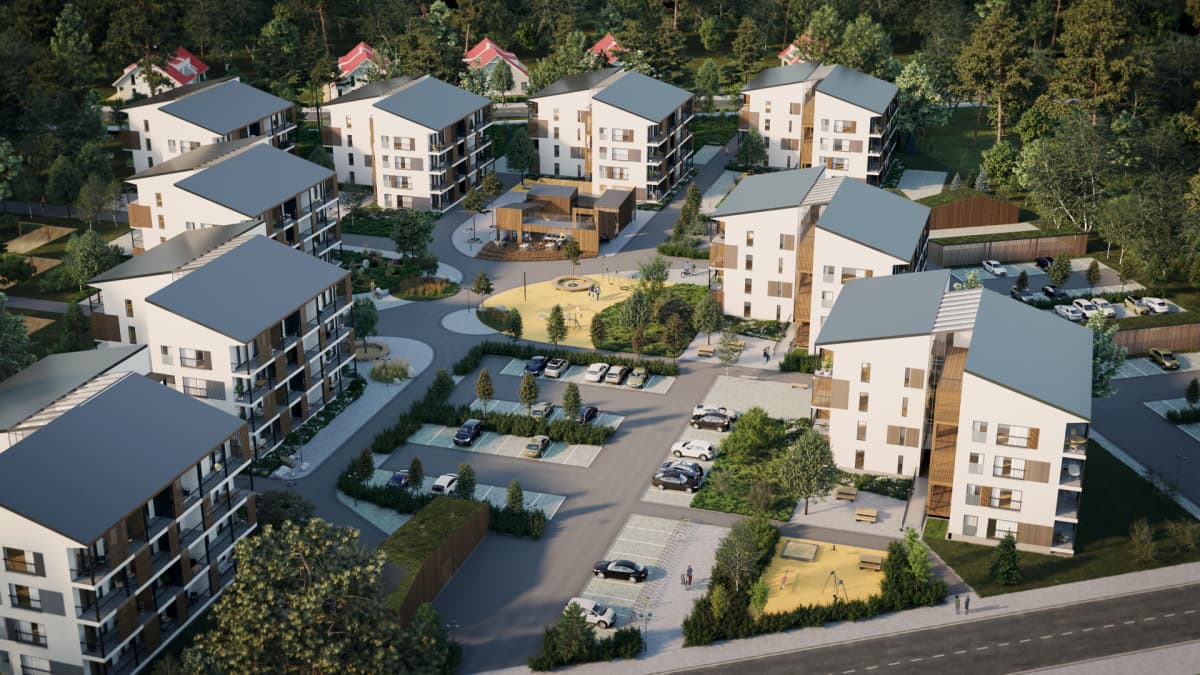 ICON Kristalli -puukerrostaloalue ilmakuvana, taiteilijan näkemys