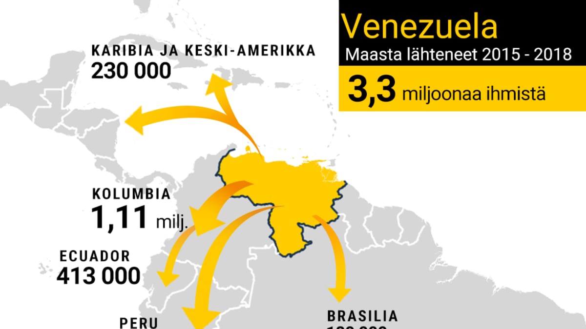 Venezuelan kartta ja maasta lähteneiden ihmisten määrä maittain