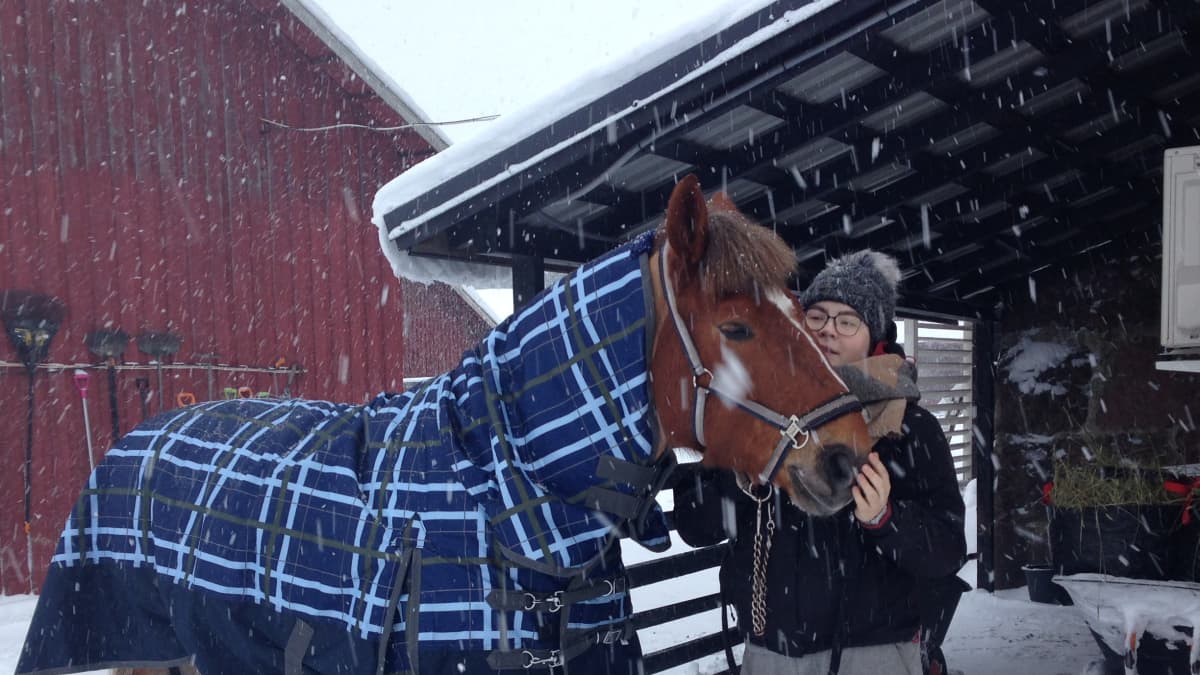 Janina Tiihonen hevosen kanssa lumisateessa