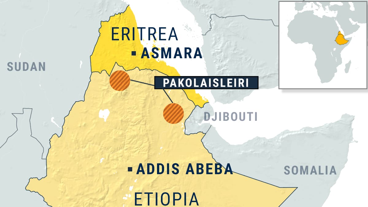 Kartta, jossa Eritrea ja Etiopia korostettuna, Etiopian puolella kaksi pakolaisleiriä merkittynä