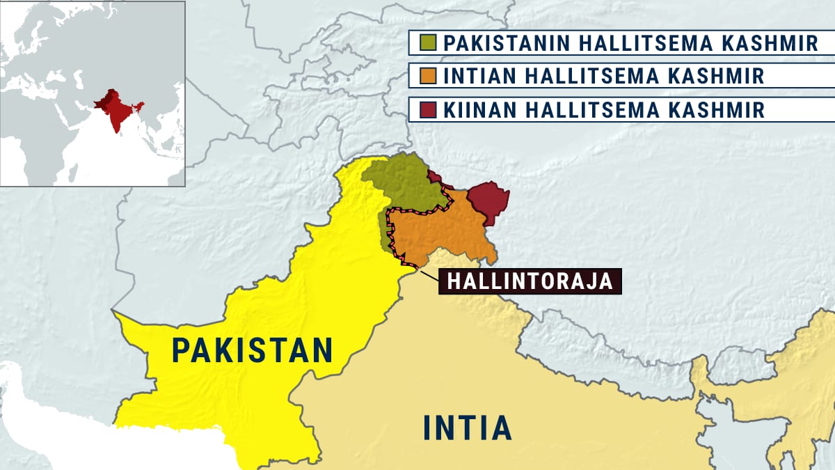 Kartta, jossa on Pakistan, Intia ja kiistanalainen Kashmirin alue