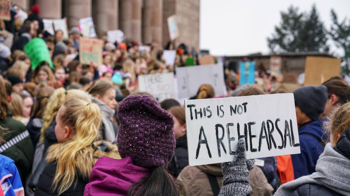 Finnish young people joined a global climate strike on 15 March 2019. This banner says 'This is not a rehearsal'.