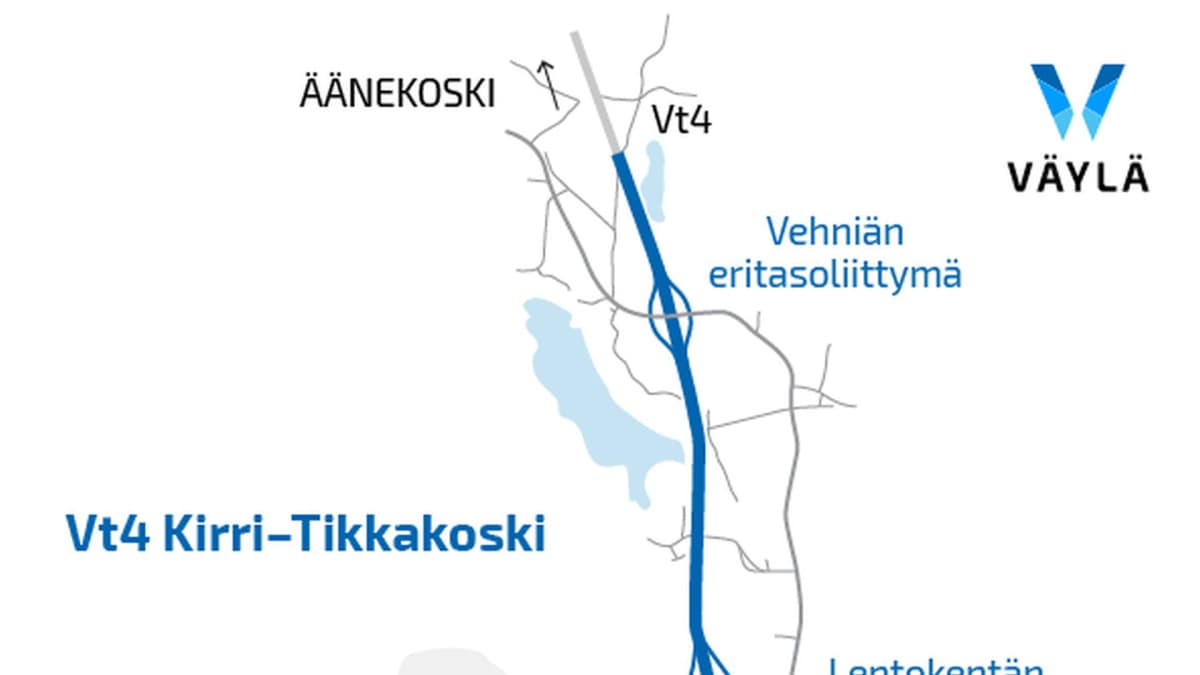 Kirri-Tikkakoski-Vehniä -moottoritieurakan kartta Nelostiellä Jyväskylän pohjoispuolella.
