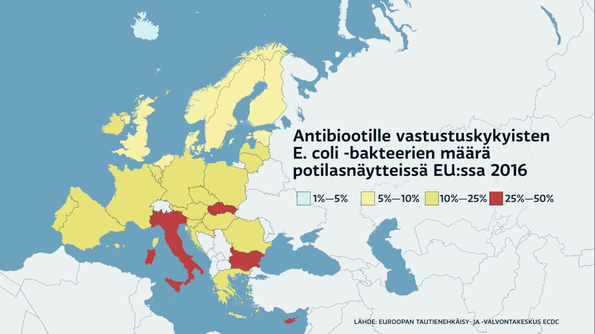 Antibiooteille vastustuskykyisten E. coli -bakteerien määrä Euroopassa -kartta