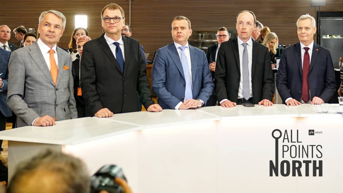 Photo of Greens chair Pekka Haavisto,  outgoing prime minister Juha Sipilä of the Centre Party, NCP chair Petteri Orpo, SDP chair Antti Rinne on 14 April, 2019. 