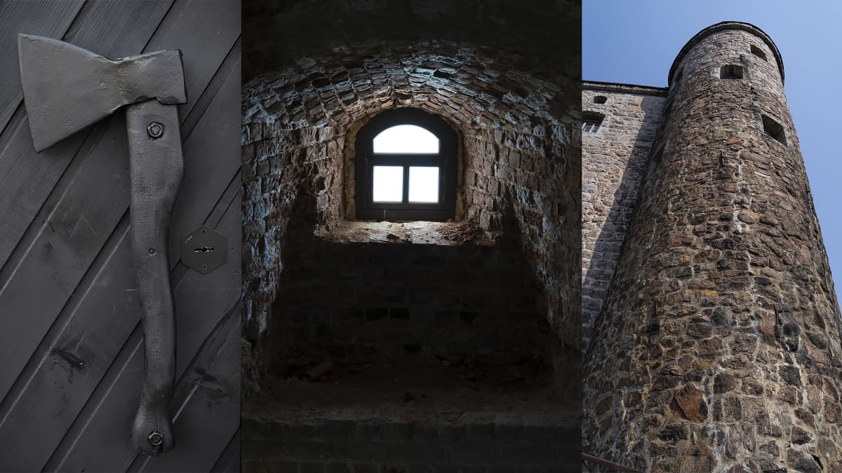 Kuvakombo: Kirves, Viipurin linnan ikkuna sisältä kuvattuna ja linnan torni.