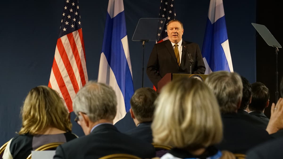 US Secretary of State Mike Pompeo speaking at the Arctic Council meeting in Rovaniemi on Monday, 6 May 2019.