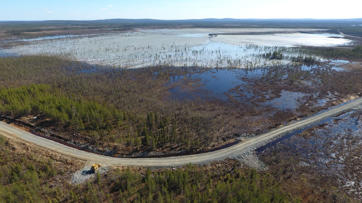 Kuvassa näkyy, kuinka Kaunisvaaran kaivoksen rikastushiekkajätettä on pumpattu Tapulivuoman suolle ja metsään. Kuva otettu viime toukokuussa. 