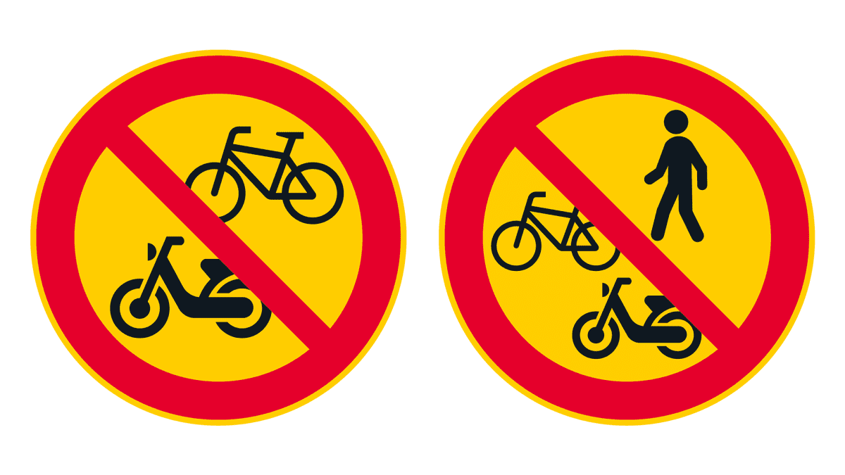 Vasemmalla polkupyörällä ja mopolla ajo kielletty -liikennemerkki. Oikealla jalankulku ja polkupyorällä ja mopolla ajo kielletty -liikennemerkki.