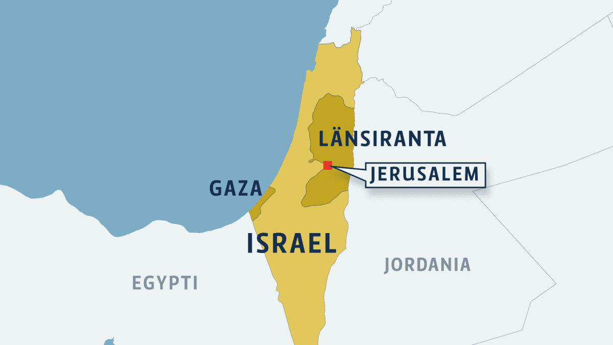 Kartta missä Israel, Länsiranta ja Gaza sekä Jerusalem