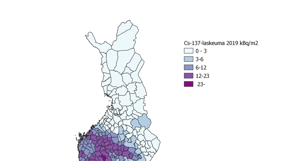 Tsernobylin ydinvoimalaonnettomuudesta aiheutunut cesium-137-laskeuma Suomessa vuonna 2019.