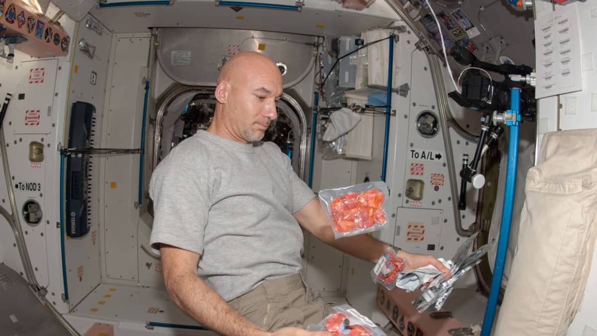 Astronautti leijailee istuma-asennossa avaruusaseman sisällä. Hänellä on käsissään useita pakkauksia pakastekuivattua ruokaa, ja kaksi pakkausta leijailee ilmassa. 