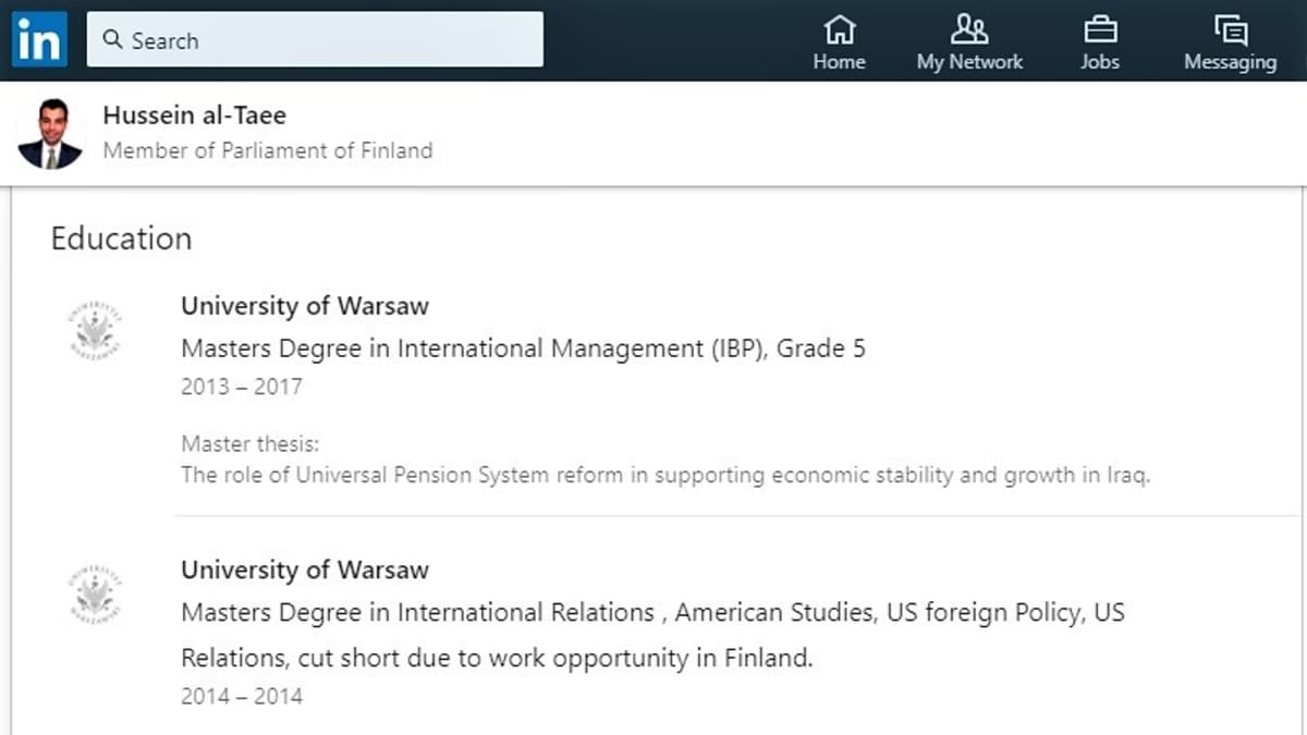 Kuvakaappaus Hussein al-Taeen Linkedin-sivuilta 22.7.2019.