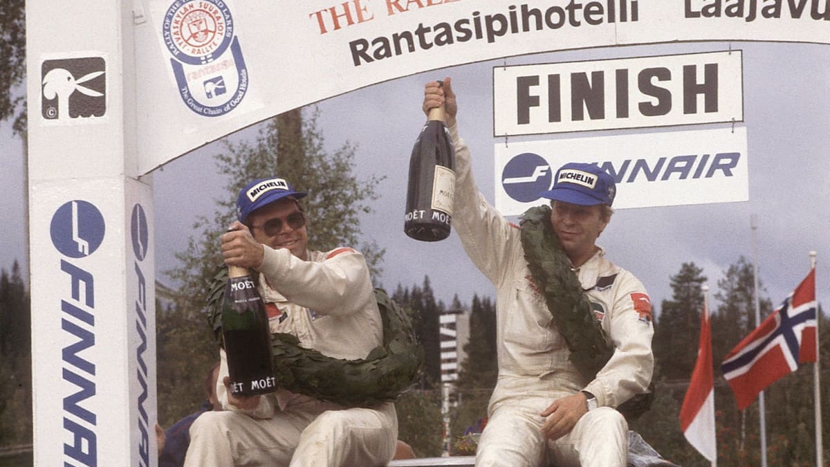 Hannu Mikkola juhli Audilla uransa seitsemättä Jyväskylän voittoa vuonna 1983 yhdessä ruotsalaisen Arne Hertzin kanssa.