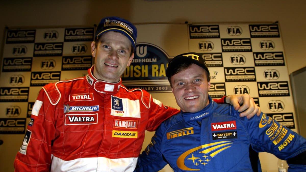 Marcus Grönholm ja Tommi Mäkinen Ruotsin rallissa 2003.