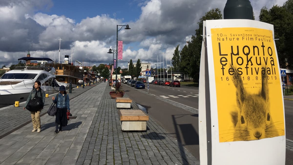 Luontoelokuvafestivaalien kyltti ja Savonlinnan satamaa. 
