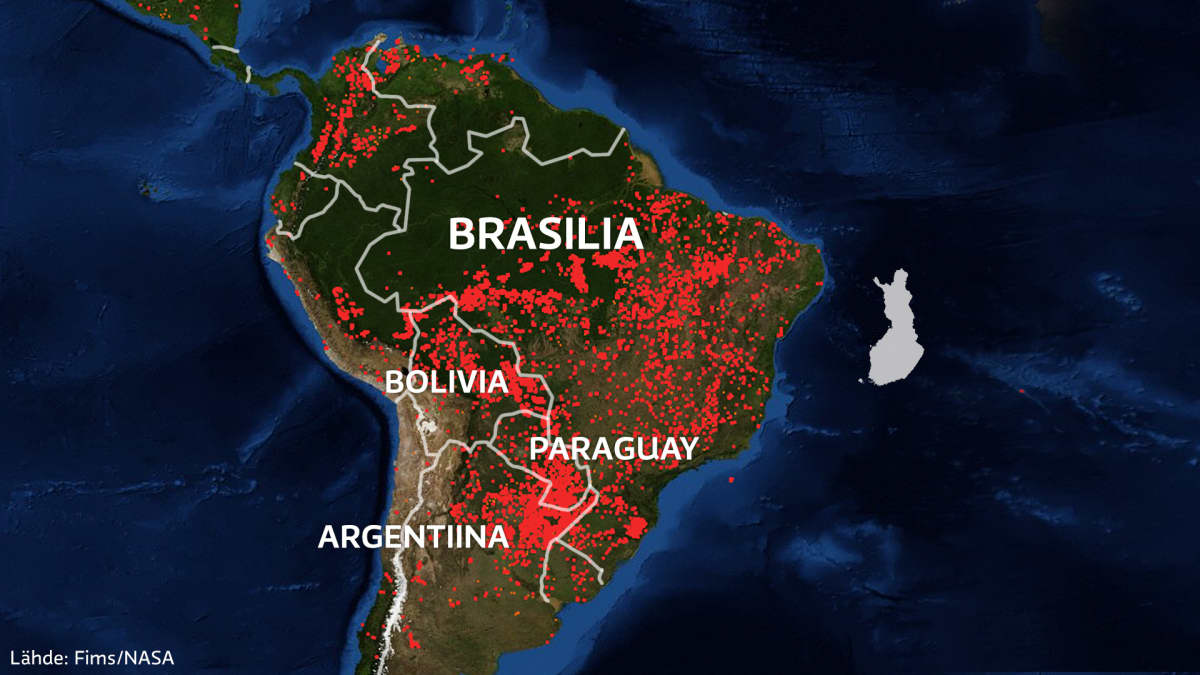 Kartta Brasilian metsäpaloista 
