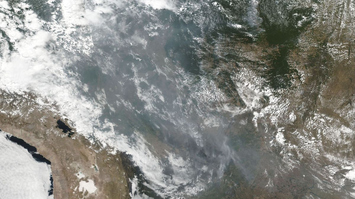 NASAn Suomi NPP -sääsatelliitilla otettua ja NOAA:n 22. elokuuta jakamaa kuvaa laajasta paloalueesta Brasiliassa, mm. Amazonin alueella. 