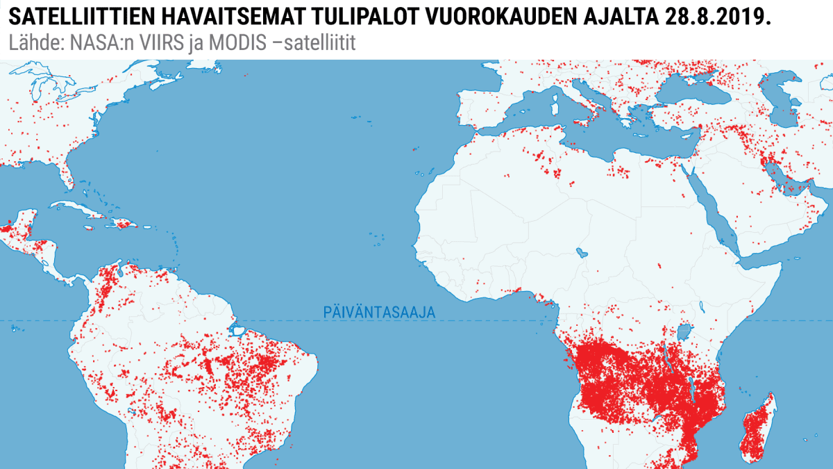 Karttagrafiikka tulipaloista Etelä-Amerikassa ja Afrikassa.