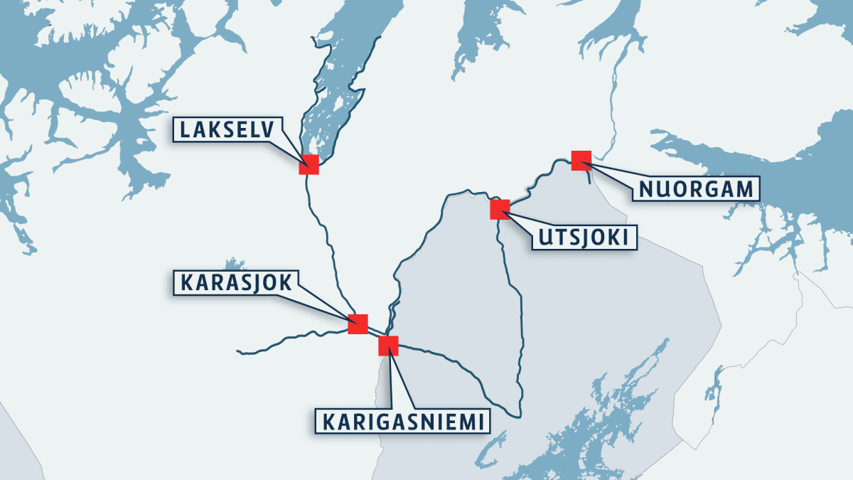  Suomen ja Norjan kirjastoauton reitti Utsjoen, Karasjoen Porsangin kunnissa. 