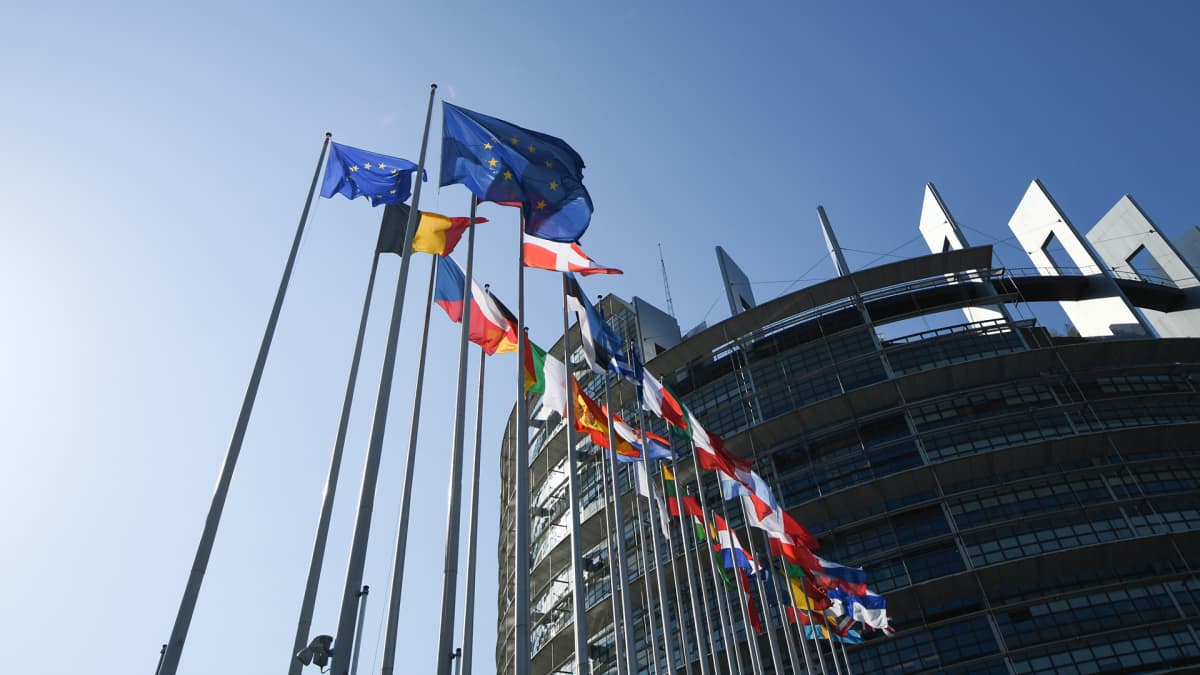 EU:n jäsenvaltioiden liput liehuivat parlamentin edustalla Strasburgissa Ranskassa 2. heinäkuuta. 