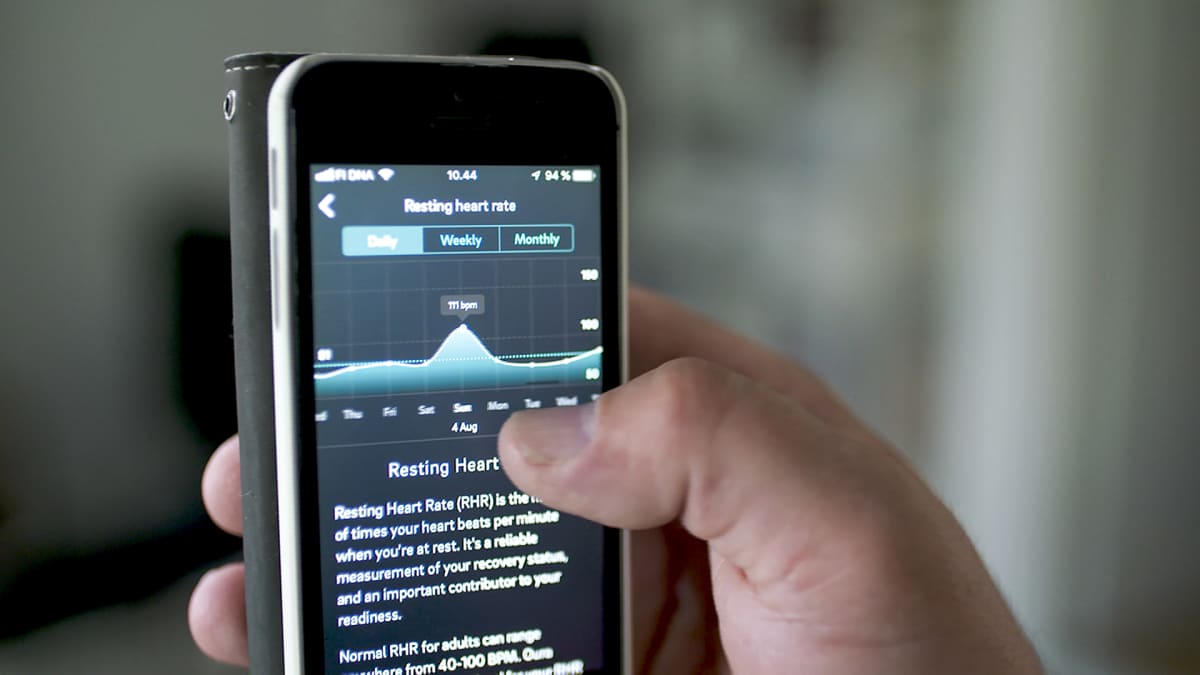Lähikuva älypuhelimesta, jossa näkyy Ouran mittaama leposykekäyrä. 