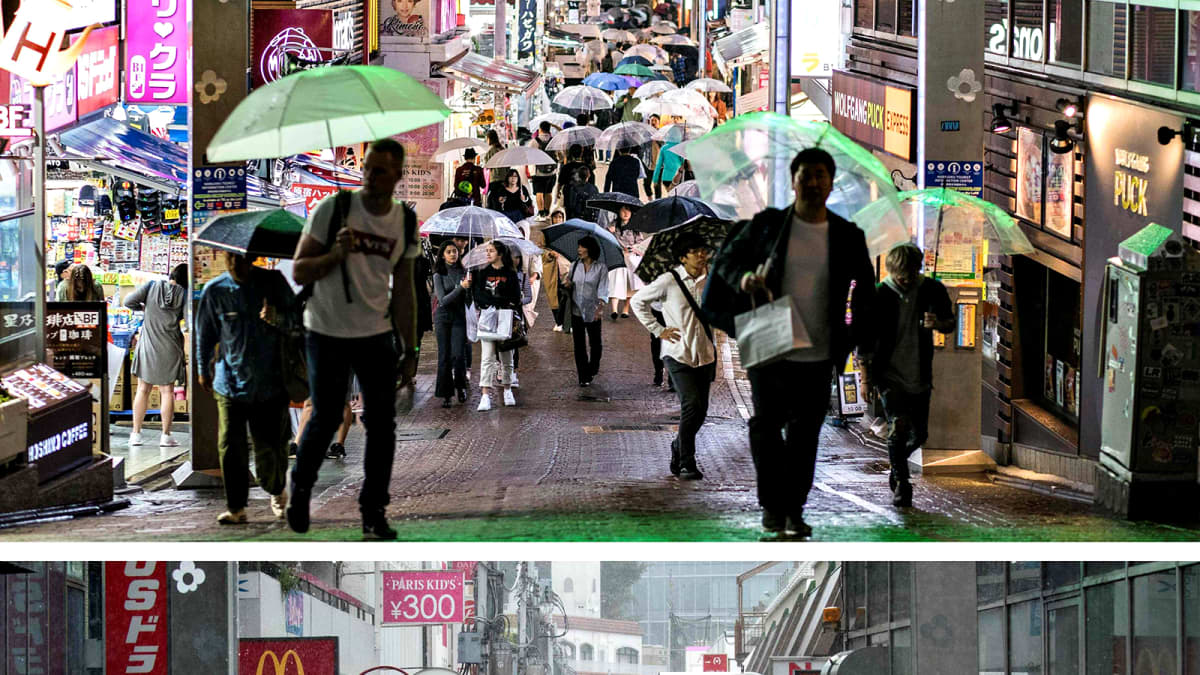Yhdistelmäkuvassa näkyy Tokion suositun Harajuku-ostosalueen katunäkymä perjantai-iltana 11. lokakuuta (ylempi kuva) ja lauantaiaamuna 12. lokakuuta (alempi kuva).