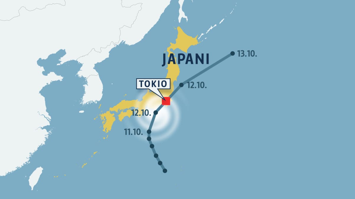 Japanin päälle liikuvan taifuuni Hagibisin oletteu etenemisreitti kartan muodossa.