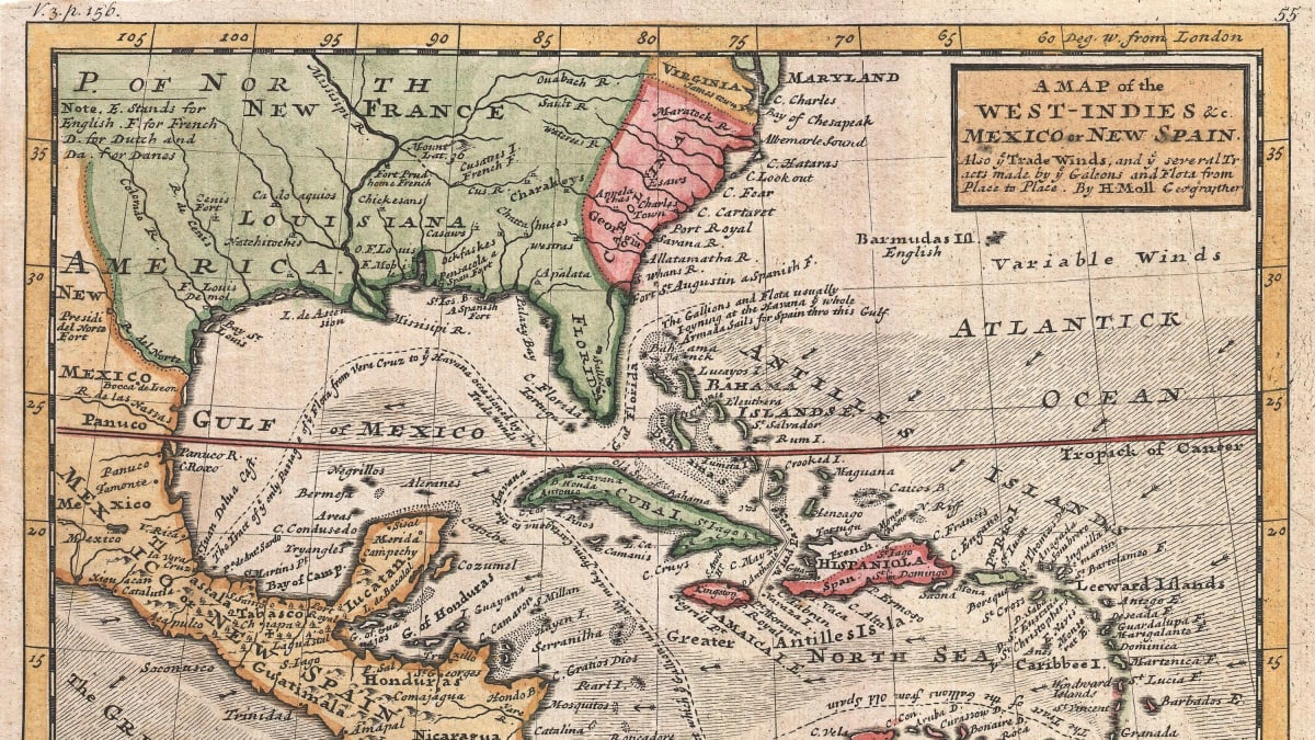 Herman Mollin kartta Karibialta vuodelta 1732. Saint-Barthélemyn saari erottuu pienen pienenä oikeassa reunassa Saint Maartenin kaakkoispuolella.