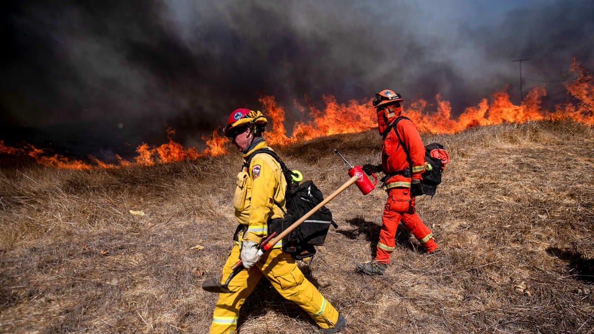 Palomiehet sammuttamassa ruohikkopaloa  Los Angelesin lähistöllä.