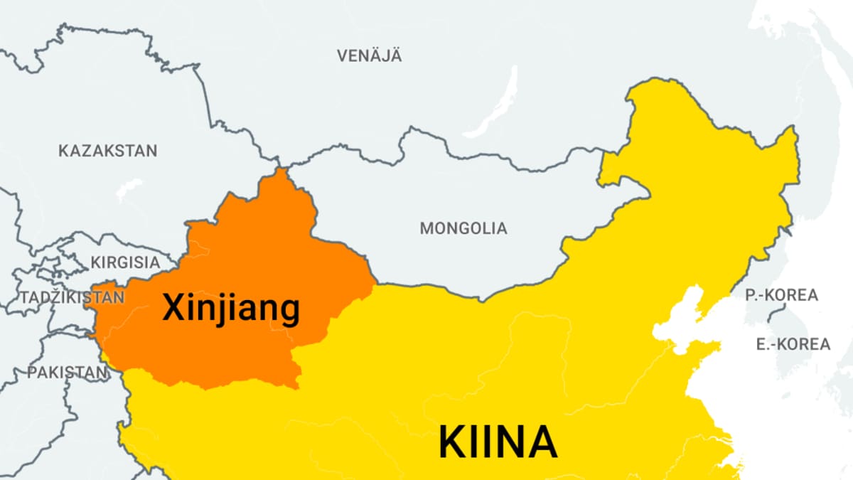 Kiinan maakunnan Xinjiangin sijainnin osoittava kartta