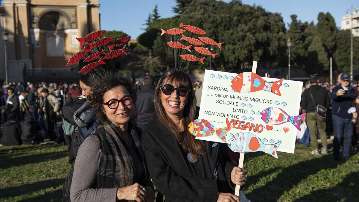 Ihmiset osallistuivat "sardiini"mielenosoitukseen Roomassa 14. joulukuuta. 