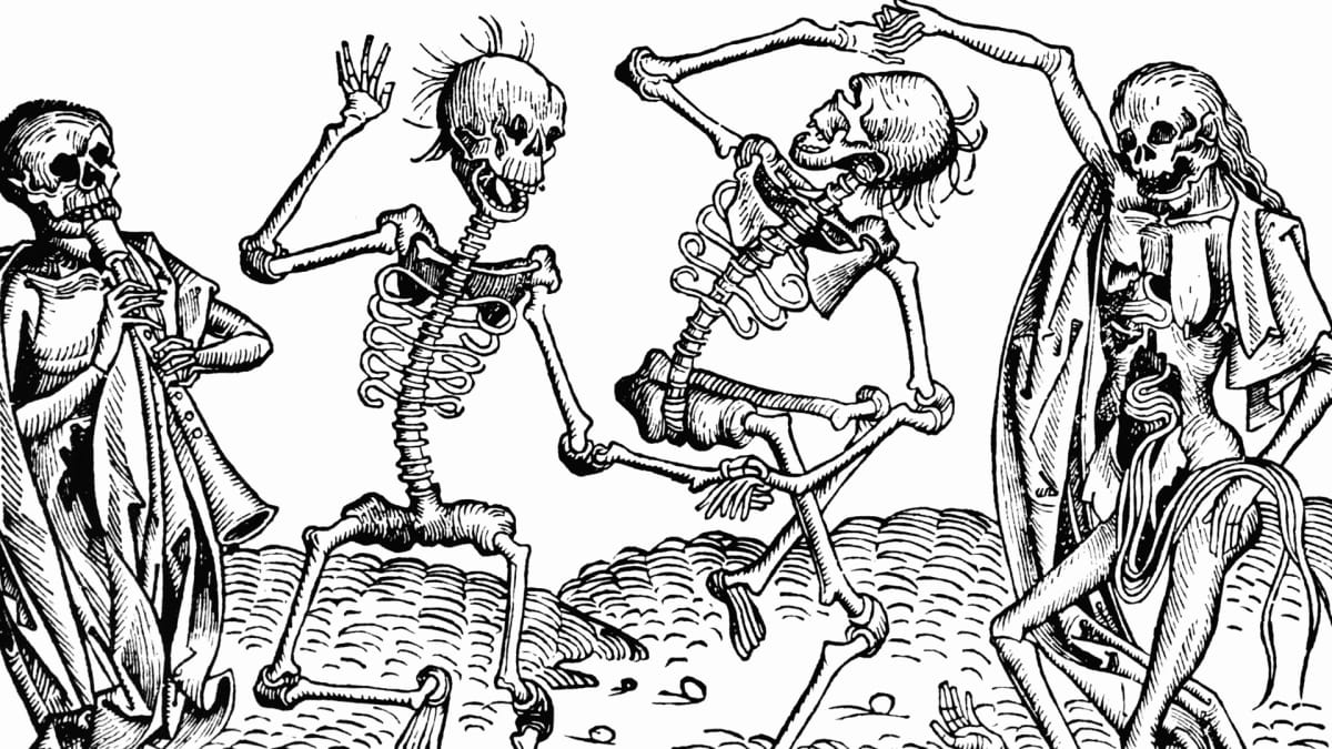 Kuvassa saksalaisen taiteilijan Michael Wolgemutin teos Kuolemantanssi vuodelta 1493. Kuolemantanssi-aiheiset teokset tehtiin usein muistuttamaan ihmisiä elämän hauraudesta mustan surman keskellä.