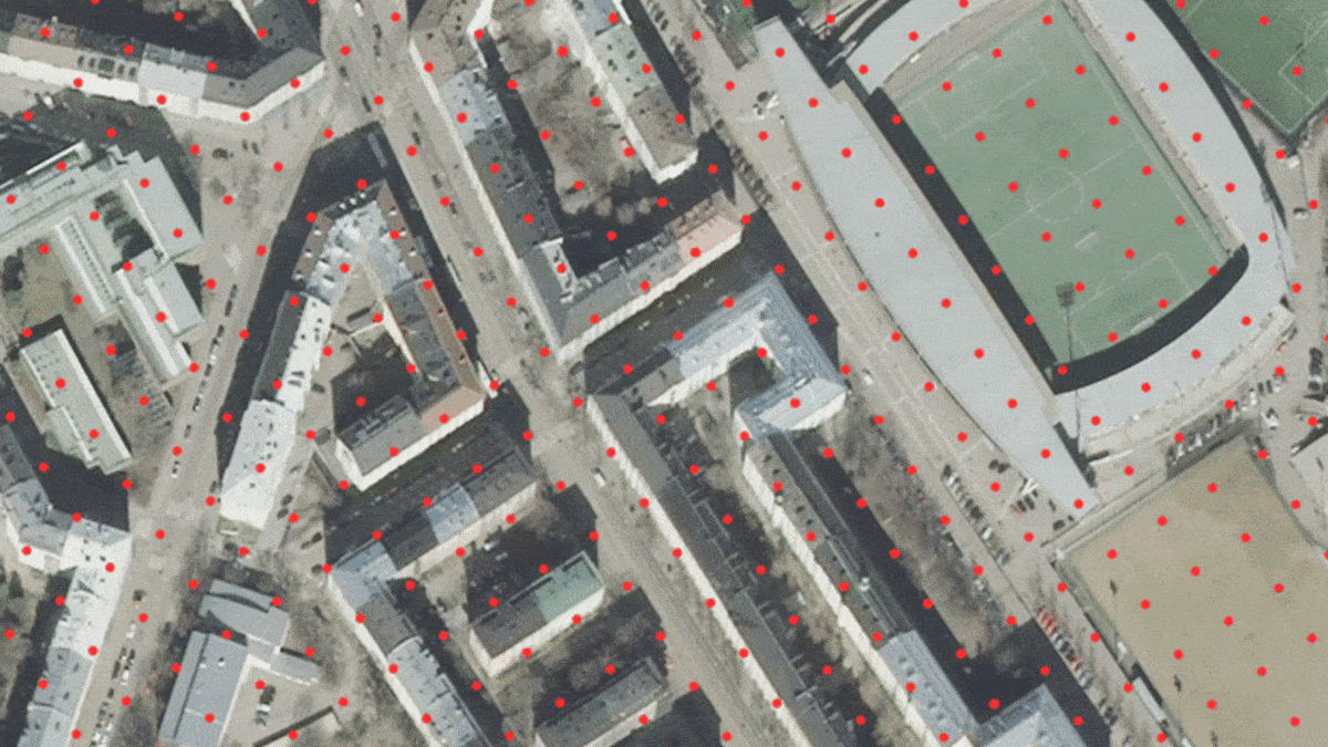 20 metrin välein aseteltuja punaisia täpliä Helsingin Töölön ilmakuvan päällä.