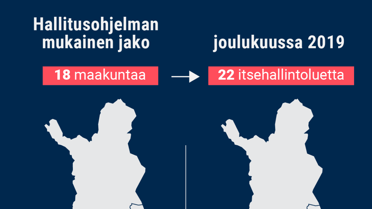 Kunnat eivät enää vastaa sosiaali- ja terveyspalveluista - vastuu siirtyy 22 alueelle ja Helsingille. Hallitusohjelman mukaan vastuu sosiaali- ja terveyspalveluista siirretään pois kunnilta itsehallinnollisille maakunnille. Hallitusohjelman mukaan niitä piti olla 18.
