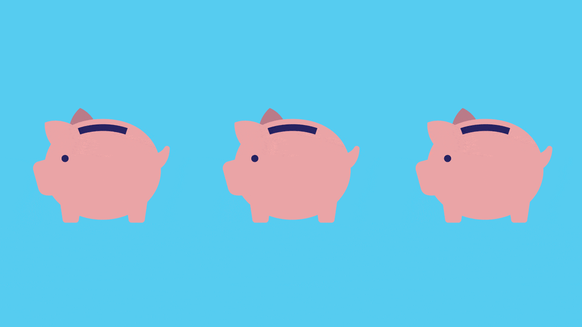 Animaatio, jossa kolme vaaleanpunaista säästöpossua sinisellä taustalla ja jokaiseen säästöpossuun tippuu vuoron perään vihreä 200 euron seteli. 