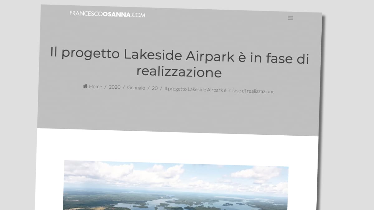 Kuvakaappaus Francesco Osannan verkkosivuilta. Kuvassa on havainnekuva ja italiankielistä tekstiä Mänttä-Vilppulan Airpark-hankkeesta.