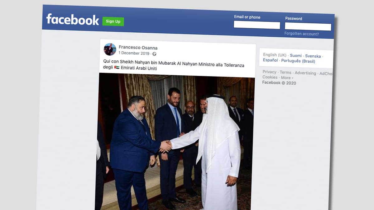 Kuvakaappaus Francesco Osannan Facebook-tilitä. Kuvassa Osanna kättelee Yhdistyneiden arabiemiirikuntien ministeriä.