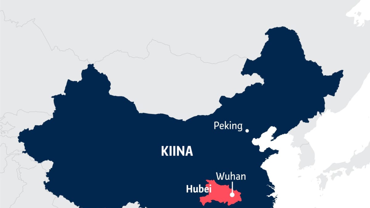 Kiinan kartta, jossa Hubein sekä Pekingin ja Wuhanin kaupunkien sijainnit.