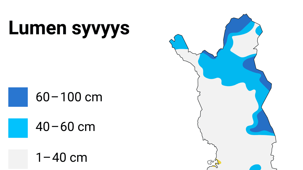 Grafiikka kuvaa lumen syvyyden Suomessa. Vain pohjoisessa on 40–100 cm lunta, ja etelässä on enimmäkseen alle senttimetri lunta. Suomen keskiosassa on noin 1–59 cm lunta. Grafiikan lähde: Suomen ympäristökeskus, 11.2.2020.